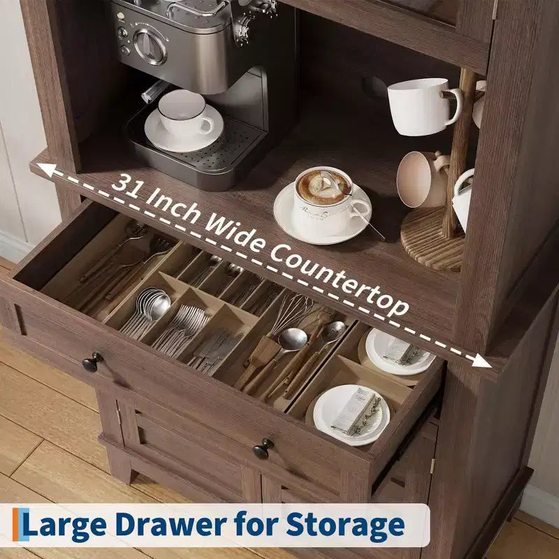 Meuble de Rangement Haut de Cuisine 183 cm, Vaisselier de Cuisine avec Support Micro-ondes, Buffet avec Tiroirs et Portes Vitrées pour Salle à Manger, Salon