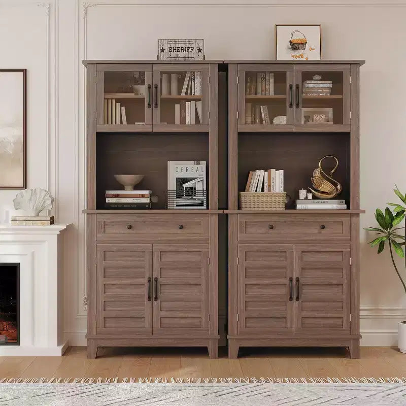 Meuble de Rangement Haut de Cuisine 183 cm, Vaisselier de Cuisine avec Support Micro-ondes, Buffet avec Tiroirs et Portes Vitrées pour Salle à Manger, Salon