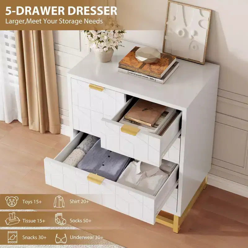Commode de chambre à coucher, commode noire à 5 tiroirs avec pieds en métal, organiseur de rangement large et moderne pour salon, entrée