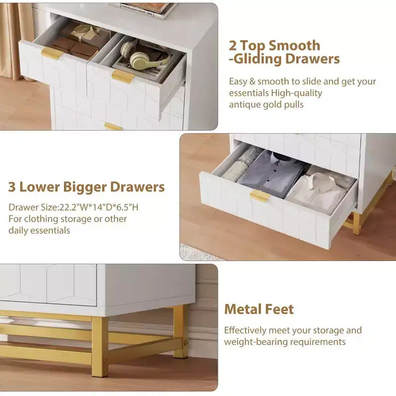 Commode de chambre à coucher, commode noire à 5 tiroirs avec pieds en métal, organiseur de rangement large et moderne pour salon, entrée