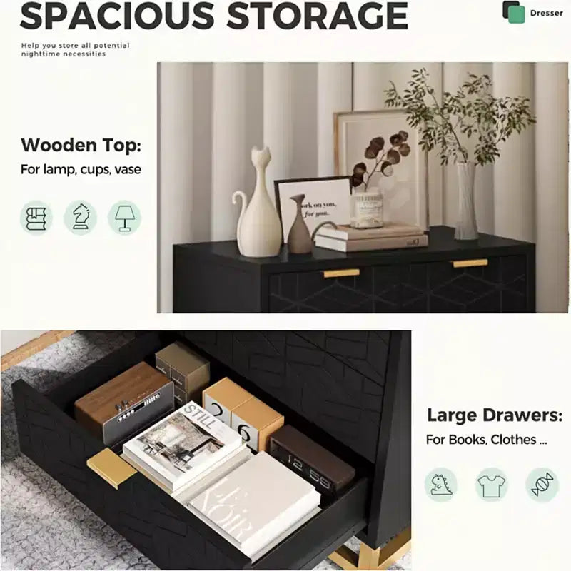 Commode de chambre à coucher, commode noire à 5 tiroirs avec pieds en métal, organiseur de rangement large et moderne pour salon, entrée