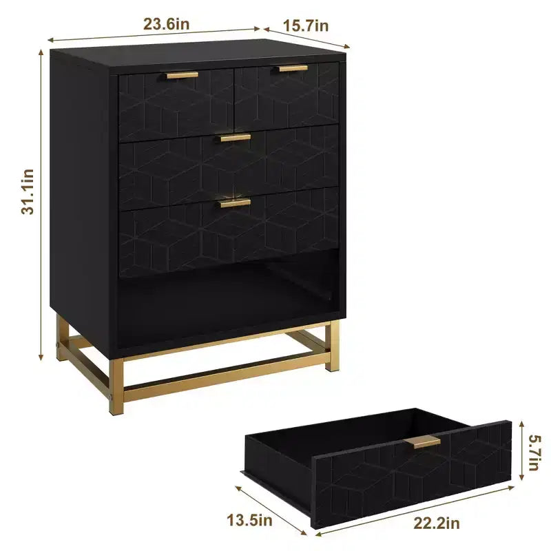 Commode de chambre à coucher, commode noire à 5 tiroirs avec pieds en métal, organiseur de rangement large et moderne pour salon, entrée