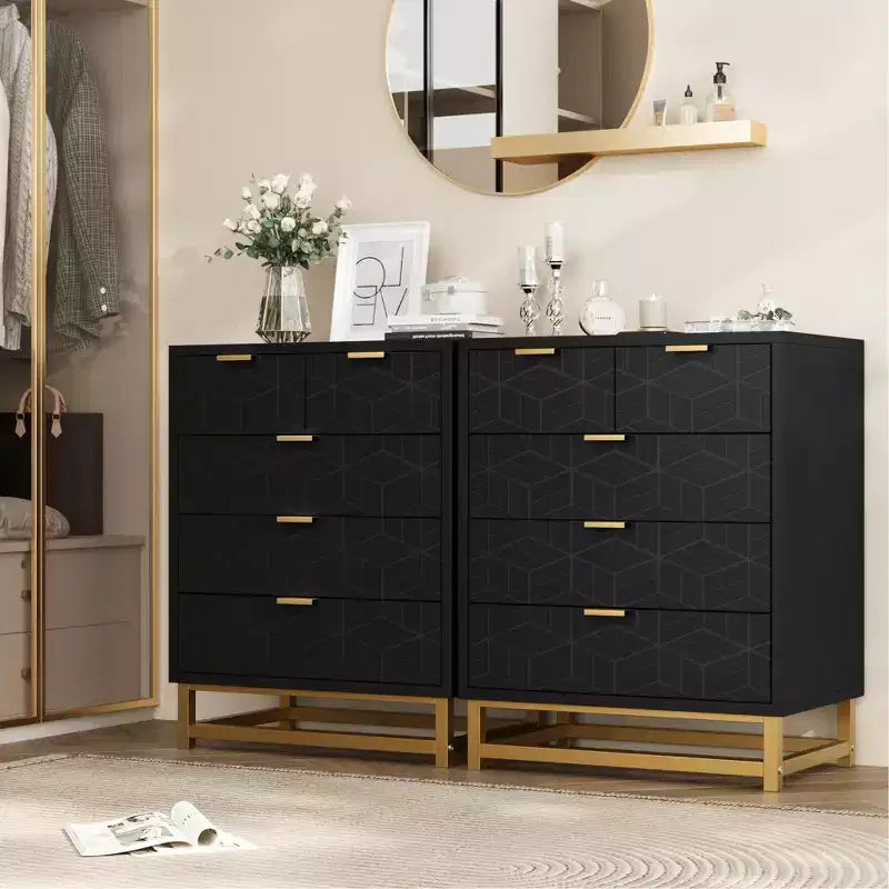 Commode de chambre à coucher, commode noire à 5 tiroirs avec pieds en métal, organiseur de rangement large et moderne pour salon, entrée