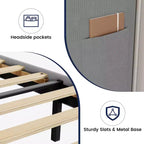 Cadre de lit avec tête de lit et oreilles, velours beige à rayures verticales, 2 poches de rangement et support à lattes en bois robuste