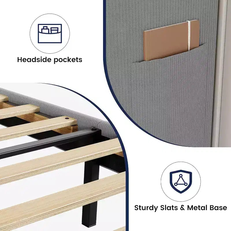 Cadre de lit avec tête de lit et oreilles, velours beige à rayures verticales, 2 poches de rangement et support à lattes en bois robuste