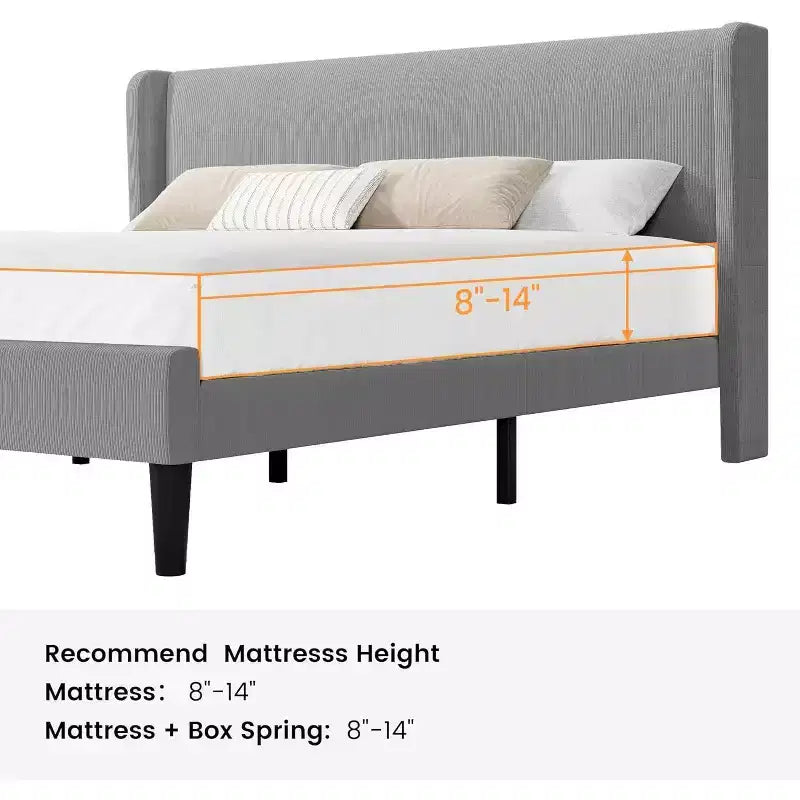 Cadre de lit avec tête de lit et oreilles, velours beige à rayures verticales, 2 poches de rangement et support à lattes en bois robuste