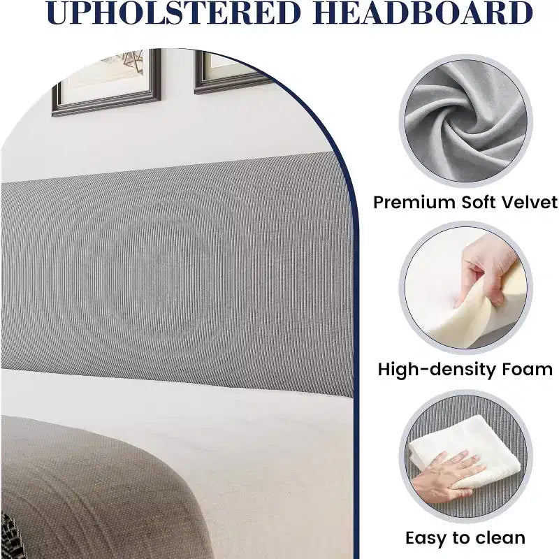 Cadre de lit avec tête de lit et oreilles, velours beige à rayures verticales, 2 poches de rangement et support à lattes en bois robuste