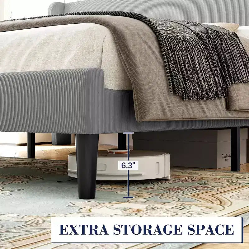 Cadre de lit avec tête de lit et oreilles, velours beige à rayures verticales, 2 poches de rangement et support à lattes en bois robuste