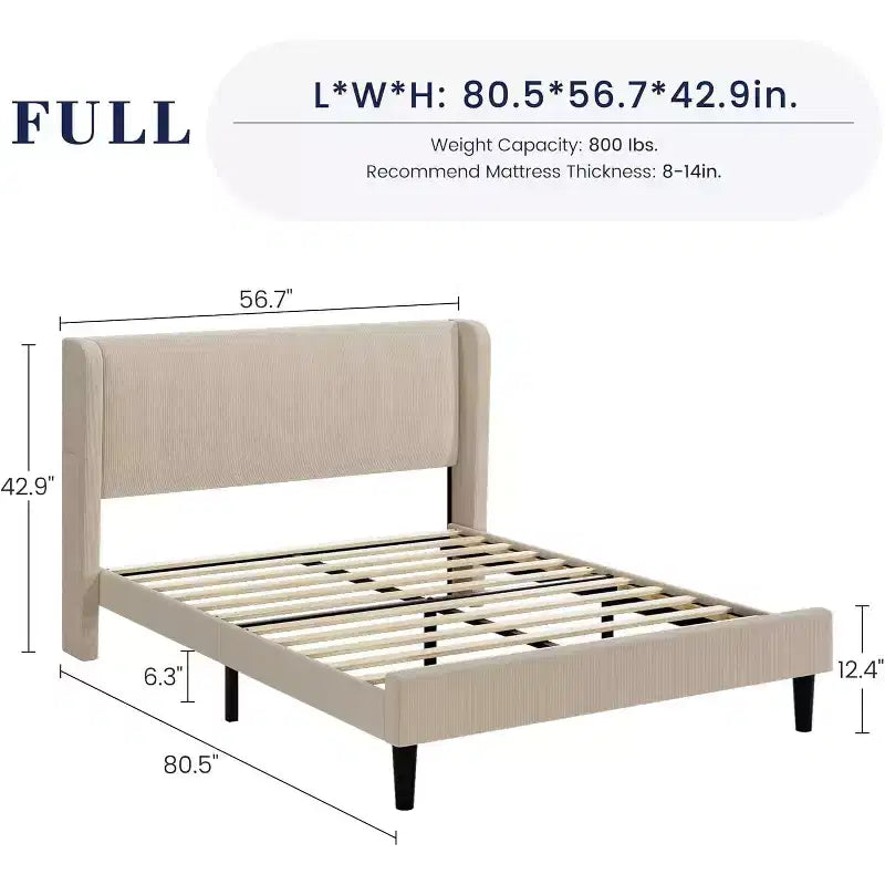 Cadre de lit avec tête de lit et oreilles, velours beige à rayures verticales, 2 poches de rangement et support à lattes en bois robuste