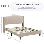 Cadre de lit avec tête de lit et oreilles, velours beige à rayures verticales, 2 poches de rangement et support à lattes en bois robuste