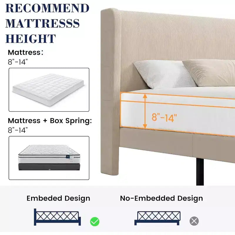 Cadre de lit avec tête de lit et oreilles, velours beige à rayures verticales, 2 poches de rangement et support à lattes en bois robuste