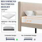 Cadre de lit avec tête de lit et oreilles, velours beige à rayures verticales, 2 poches de rangement et support à lattes en bois robuste