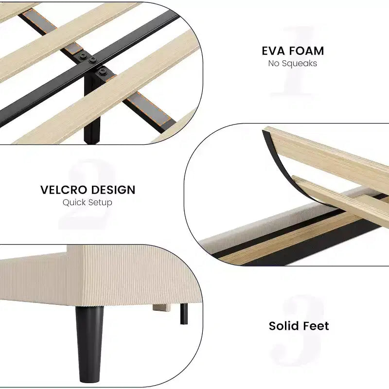 Cadre de lit avec tête de lit et oreilles, velours beige à rayures verticales, 2 poches de rangement et support à lattes en bois robuste
