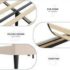 Cadre de lit avec tête de lit et oreilles, velours beige à rayures verticales, 2 poches de rangement et support à lattes en bois robuste