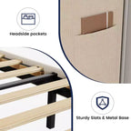 Cadre de lit avec tête de lit et oreilles, velours beige à rayures verticales, 2 poches de rangement et support à lattes en bois robuste