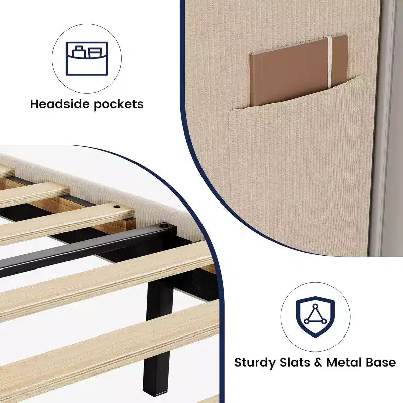 Cadre de lit avec tête de lit et oreilles, velours beige à rayures verticales, 2 poches de rangement et support à lattes en bois robuste
