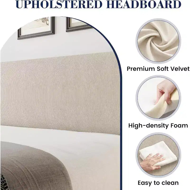 Cadre de lit avec tête de lit et oreilles, velours beige à rayures verticales, 2 poches de rangement et support à lattes en bois robuste