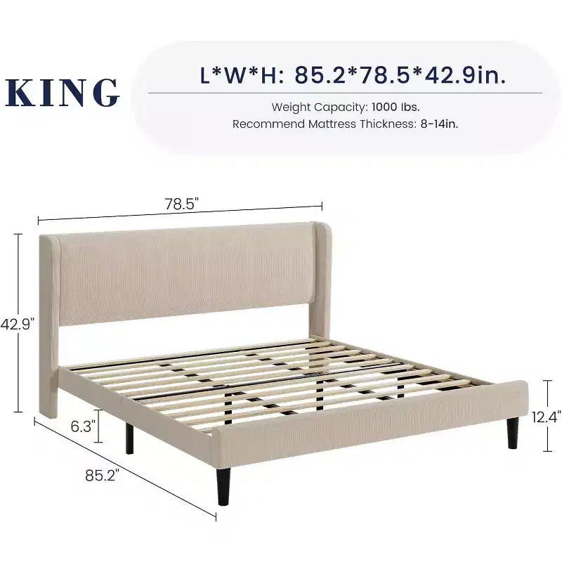 Cadre de lit avec tête de lit et oreilles, velours beige à rayures verticales, 2 poches de rangement et support à lattes en bois robuste