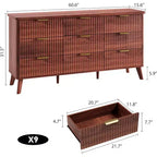 Commode à 9 tiroirs pour chambre à coucher, commode de 154 cm de large avec profil incurvé, tiroirs en bois cannelé, commode moderne pour salon