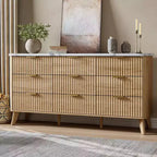 Commode à 9 tiroirs pour chambre à coucher, commode de 154 cm de large avec profil incurvé, tiroirs en bois cannelé, commode moderne pour salon