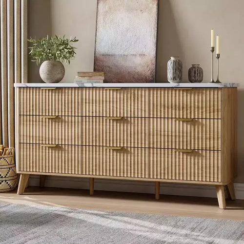 Commode à 9 tiroirs pour chambre à coucher, commode de 154 cm de large avec profil incurvé, tiroirs en bois cannelé, commode moderne pour salon