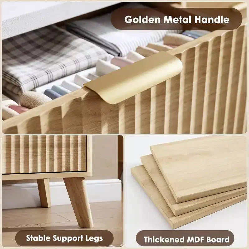 Commode à 9 tiroirs pour chambre à coucher, commode de 154 cm de large avec profil incurvé, tiroirs en bois cannelé, commode moderne pour salon