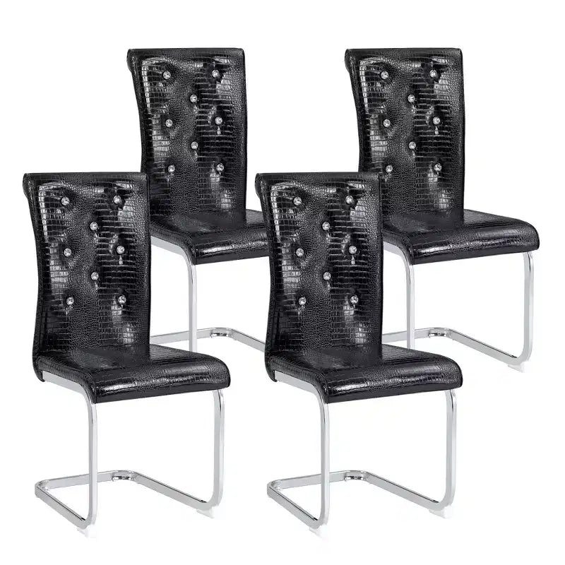 Lot de 4 chaises de salle à manger rétro rembourrées avec motif peau de crocodile et détails de boucles en cristal, pieds en métal galvanisé