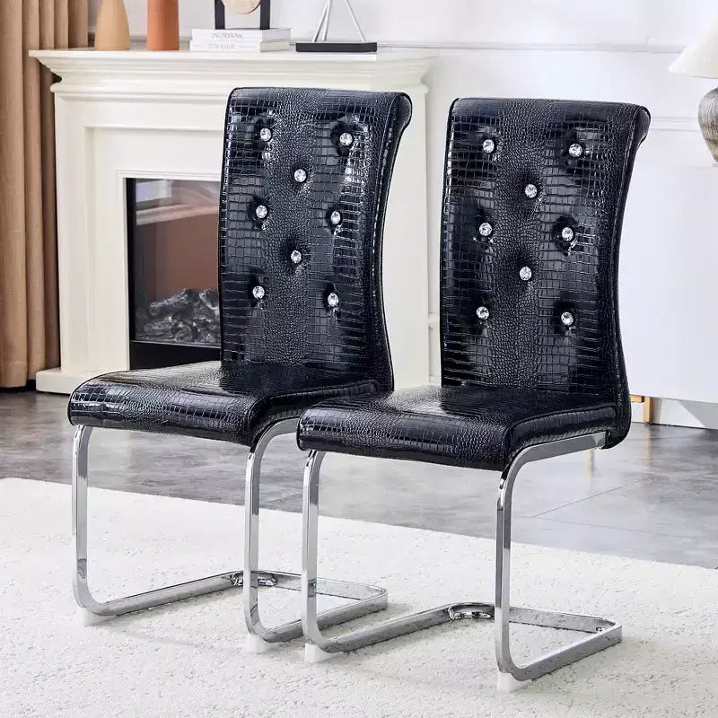 Lot de 4 chaises de salle à manger rétro rembourrées avec motif peau de crocodile et détails de boucles en cristal, pieds en métal galvanisé