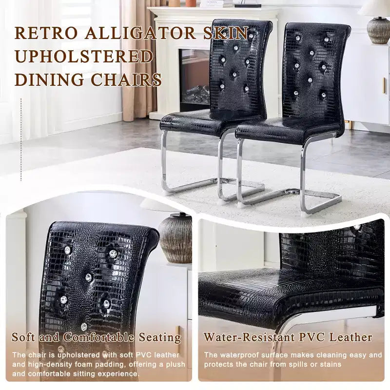 Lot de 4 chaises de salle à manger rétro rembourrées avec motif peau de crocodile et détails de boucles en cristal, pieds en métal galvanisé