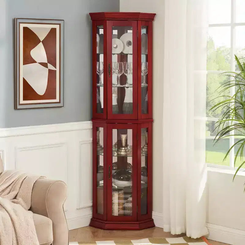 Meuble d'angle vitré avec éclairage, étagères en verre réglables et décoration perlée pour l'affichage de collections