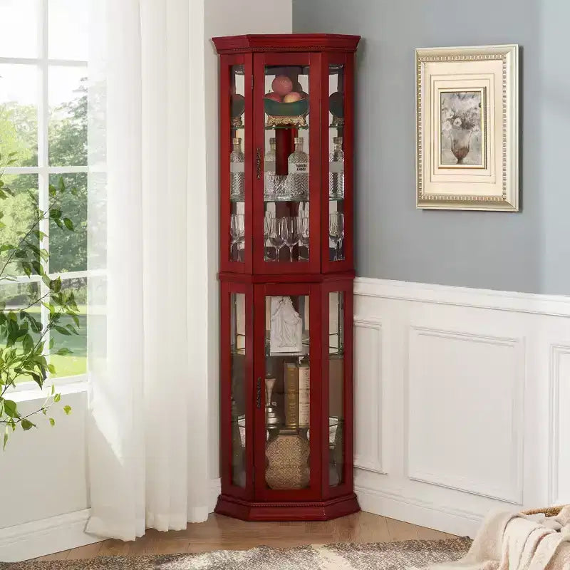 Meuble d'angle vitré avec éclairage, étagères en verre réglables et décoration perlée pour l'affichage de collections