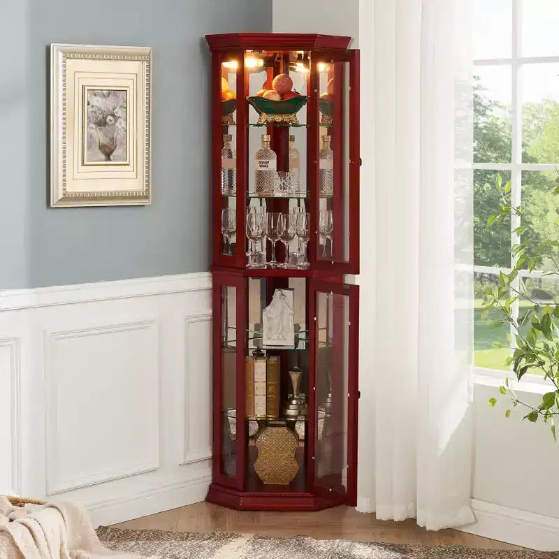 Meuble d'angle vitré avec éclairage, étagères en verre réglables et décoration perlée pour l'affichage de collections