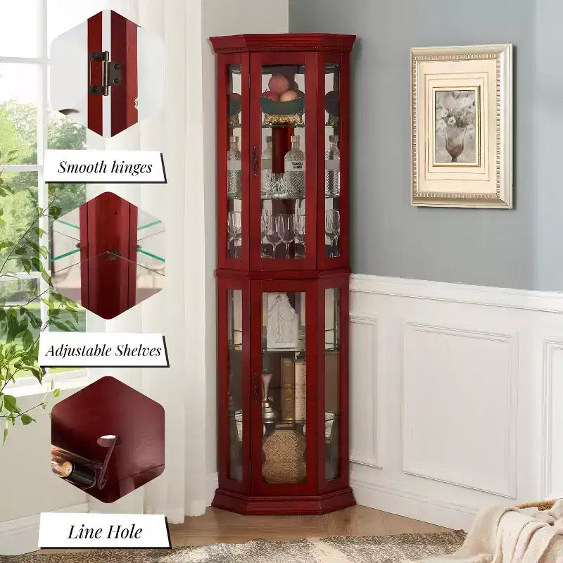 Meuble d'angle vitré avec éclairage, étagères en verre réglables et décoration perlée pour l'affichage de collections