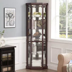 Vitrine d'angle éclairée avec étagères en verre réglables et dispositif anti-basculement pour collections d'antiquités