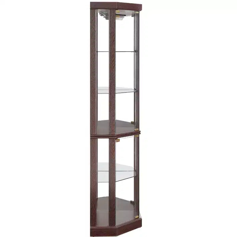 Vitrine d'angle éclairée avec étagères en verre réglables et dispositif anti-basculement pour collections d'antiquités