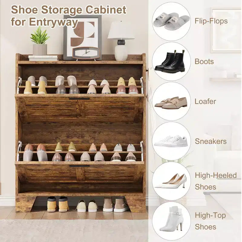 Meuble à chaussures, étagère à chaussures étroite à 2 niveaux avec crochets, organiseur d'entrée mince de style ferme pour les petits espaces
