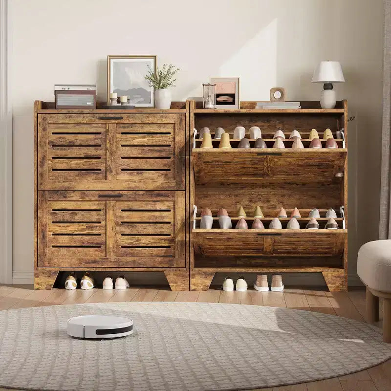 Meuble à chaussures, étagère à chaussures étroite à 2 niveaux avec crochets, organiseur d'entrée mince de style ferme pour les petits espaces