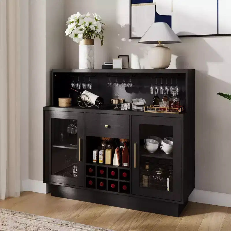 Meuble de bar à vin premium à 2 niveaux avec portes vitrées et tiroirs de rangement - Meuble de bar polyvalent pour cuisine, salle à manger, bureau, salle de jeux