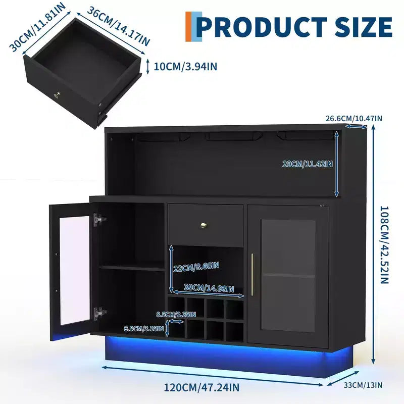 Meuble de bar à vin premium à 2 niveaux avec portes vitrées et tiroirs de rangement - Meuble de bar polyvalent pour cuisine, salle à manger, bureau, salle de jeux