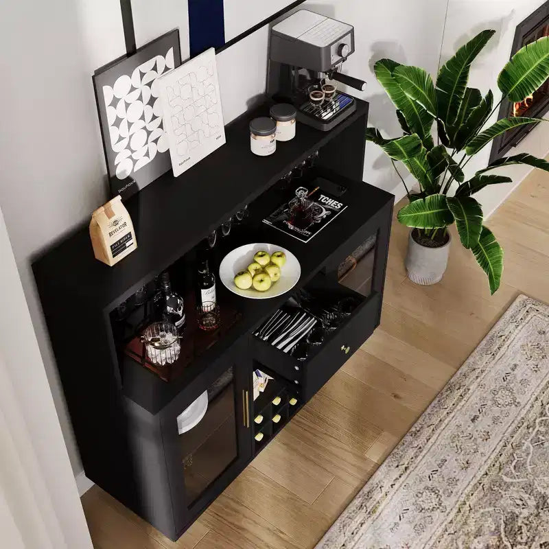 Meuble de bar à vin premium à 2 niveaux avec portes vitrées et tiroirs de rangement - Meuble de bar polyvalent pour cuisine, salle à manger, bureau, salle de jeux