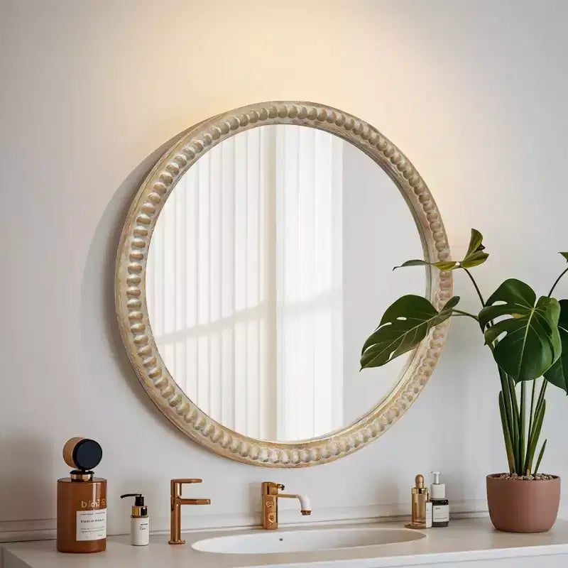 Miroir mural décoratif rond moderne avec cadre perlé, miroir de courtoisie pour salle de bain, miroir d'appoint pour salon ou entrée-Panipeachy