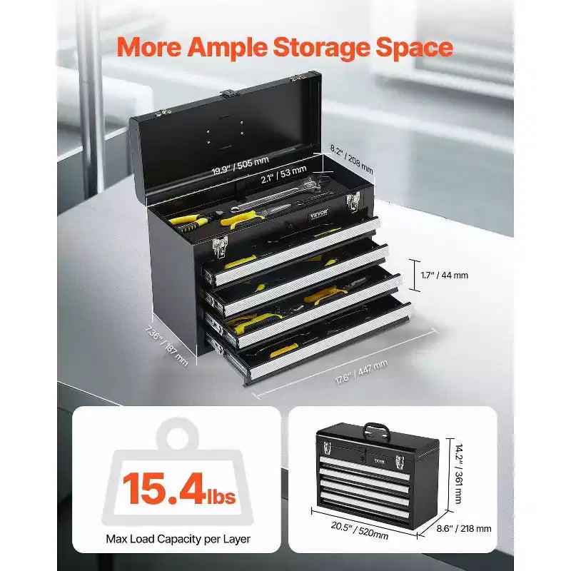 VIYET 20.5 Boîte à outils portable en métal - 4 tiroirs, doublures EVA, glissières à billes, verrouillable, revêtement en poudre
