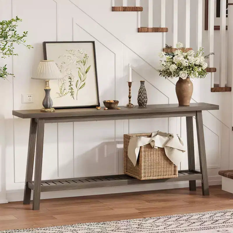 Table d'entrée en bois de 71 po avec rangement, table console étroite de style rustique à 2 niveaux, pour salon, couloir, entrée, derrière le canapé, assemblage facile