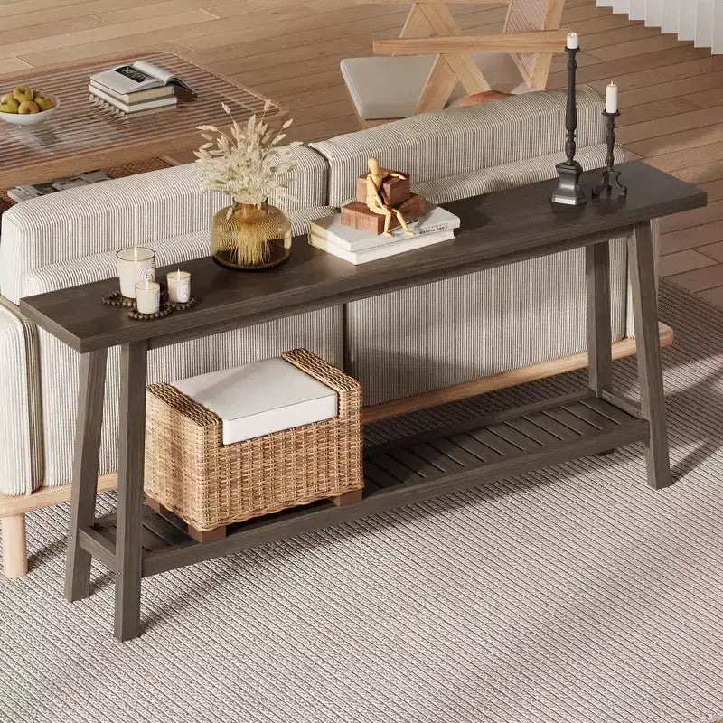Table d'entrée en bois de 71 po avec rangement, table console étroite de style rustique à 2 niveaux, pour salon, couloir, entrée, derrière le canapé, assemblage facile