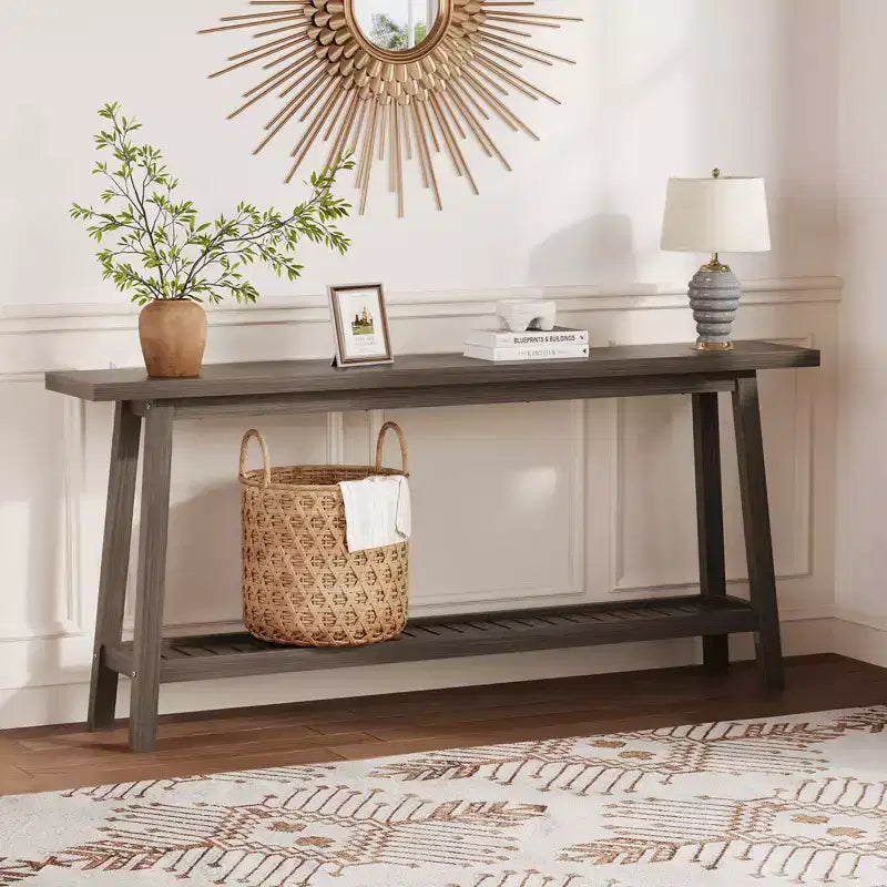Table d'entrée en bois de 71 po avec rangement, table console étroite de style rustique à 2 niveaux, pour salon, couloir, entrée, derrière le canapé, assemblage facile