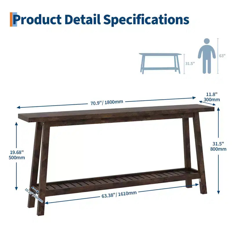 Table d'entrée en bois de 71 po avec rangement, table console étroite de style rustique à 2 niveaux, pour salon, couloir, entrée, derrière le canapé, assemblage facile