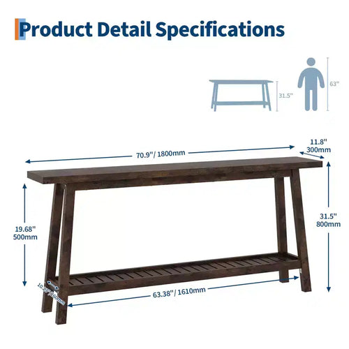 Table d'entrée en bois de 71 po avec rangement, table console étroite de style rustique à 2 niveaux, pour salon, couloir, entrée, derrière le canapé, assemblage facile