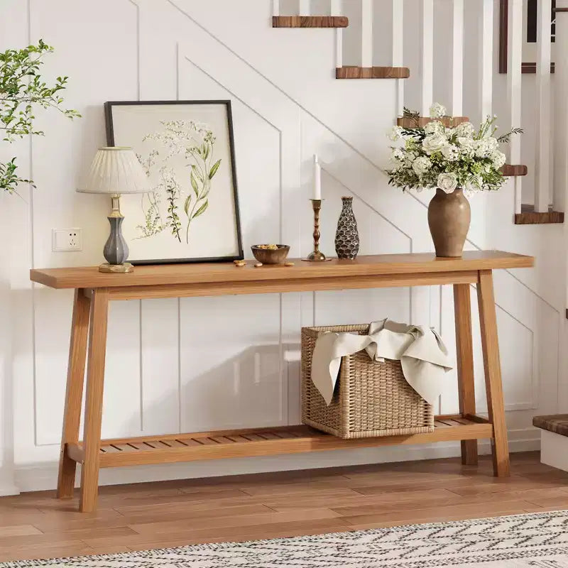 Table d'entrée en bois de 71 po avec rangement, table console étroite de style rustique à 2 niveaux, pour salon, couloir, entrée, derrière le canapé, assemblage facile