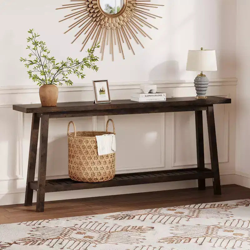 Table d'entrée en bois de 71 po avec rangement, table console étroite de style rustique à 2 niveaux, pour salon, couloir, entrée, derrière le canapé, assemblage facile