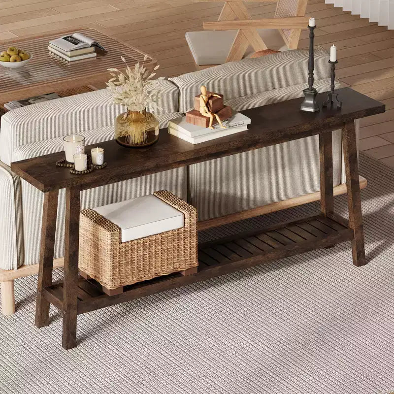 Table d'entrée en bois de 71 po avec rangement, table console étroite de style rustique à 2 niveaux, pour salon, couloir, entrée, derrière le canapé, assemblage facile